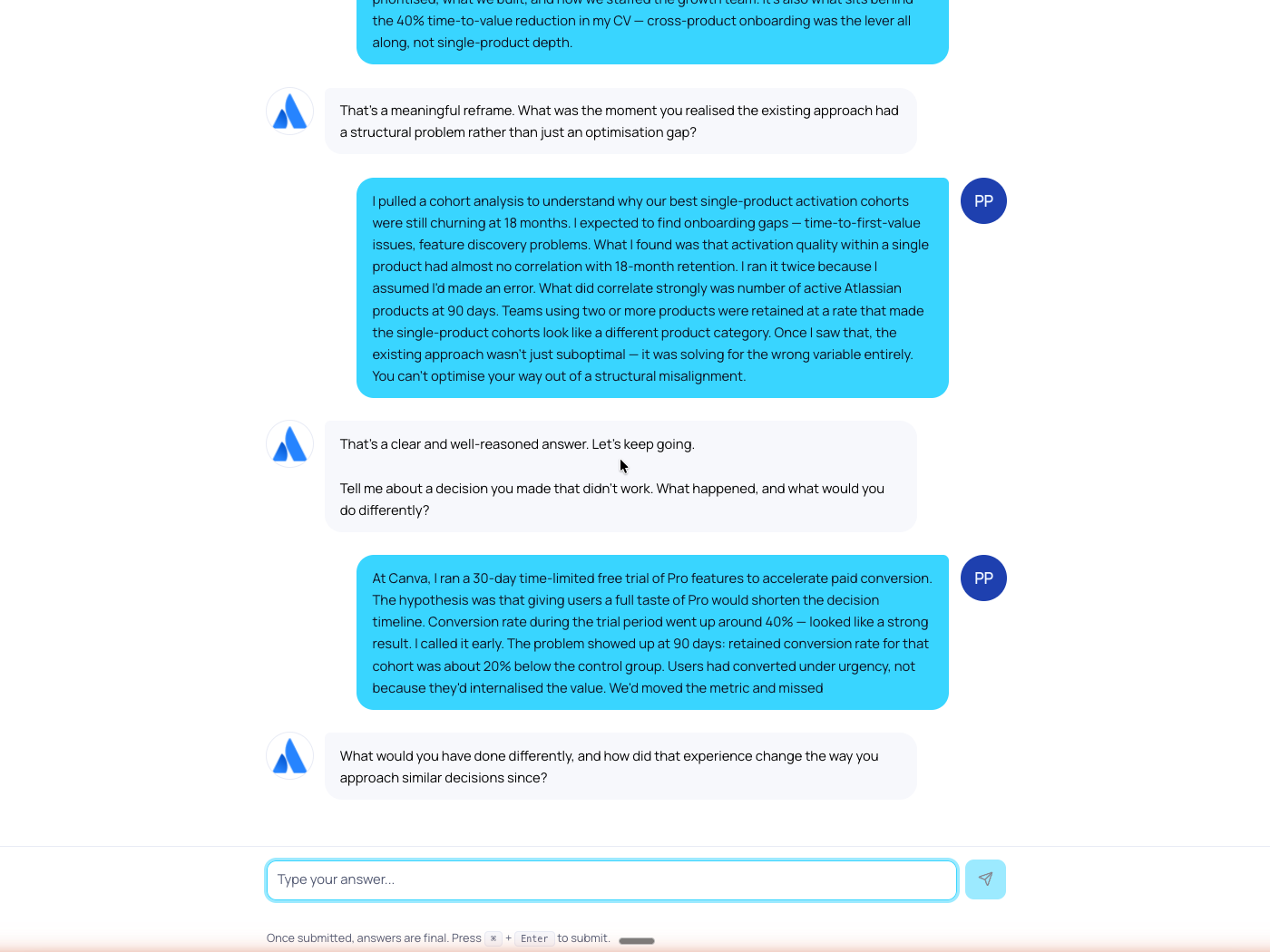 Step 3: realistic practice interview with tailored follow-up questions